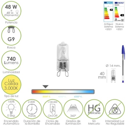 Bombilla Halogena G-9, 48 W, 460 lumenes, Luz cálida (3,000º K)