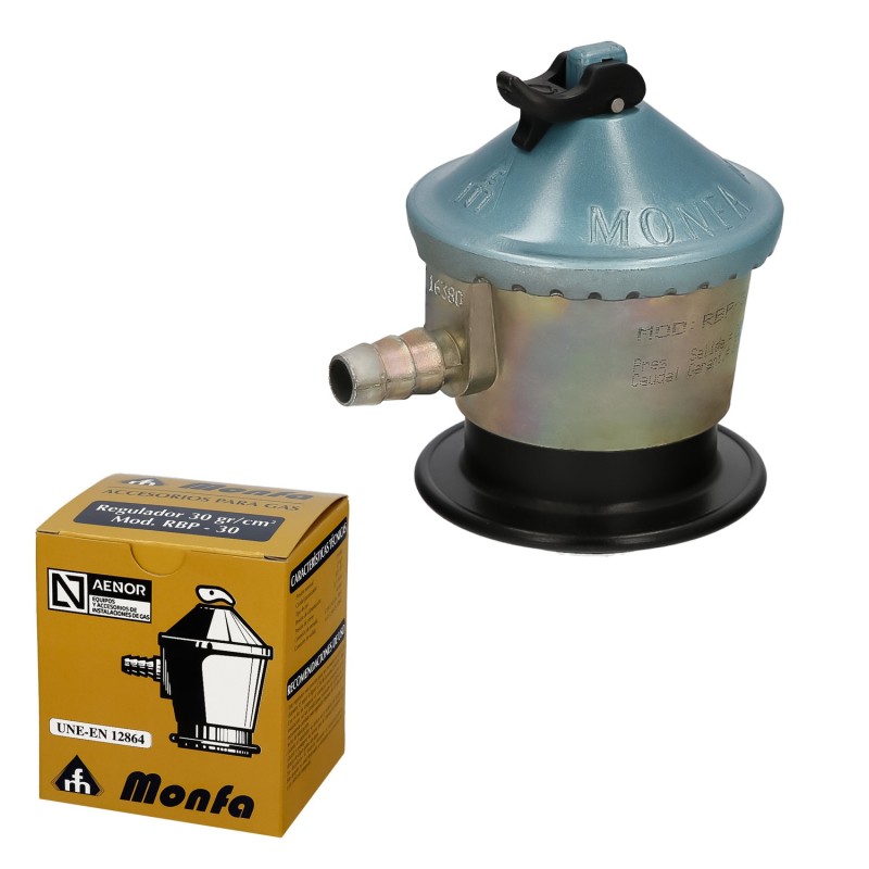 Regulador Gas Butano Monfa (30 Grms,/cm2) Alcachofa Gas, Regulador Gas Butano, Presión 29 mbar, Caudal 2,5 Kg/hora