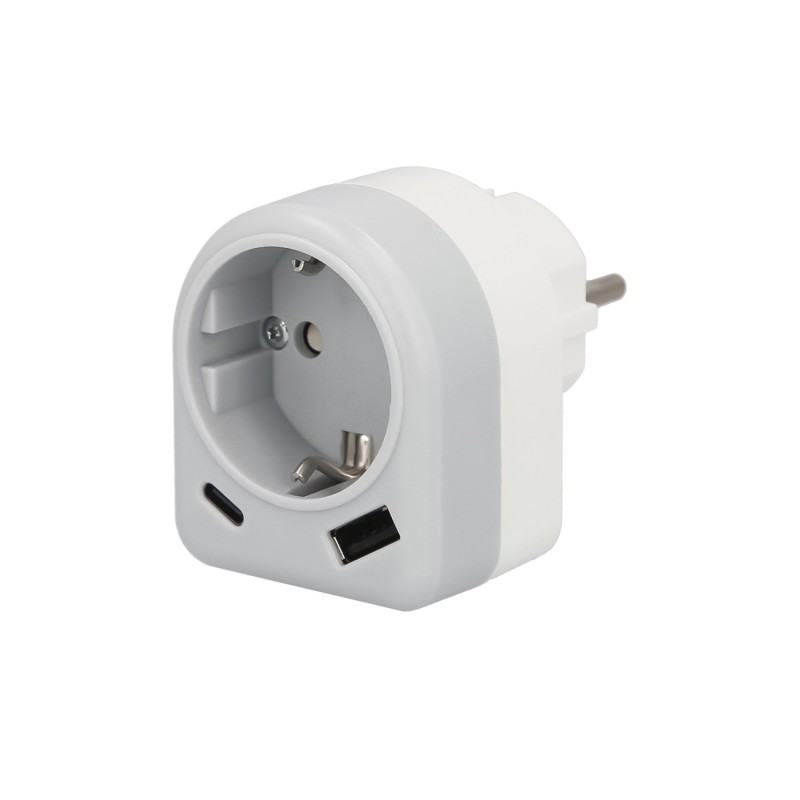 Enchufe / Adaptador Schuko Con 2 Tomas, USB A / C, Potencia Maxima 3680 W, Cargador Moviles, Cargador 2 Tomas, Adaptador Moviles