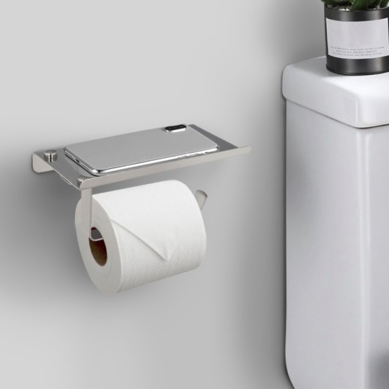 Portarrollos Baño Con Estante Para Moviles Autoadhesivo, Color Inox Con Efecto Espejo, Autoadhesivo Resistente o Con Tornillos a