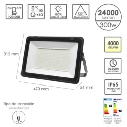 Foco Led Plano Potencia 300 Watt, 24000 Lumenes, Luz blanca 4000ºK Protección IP65, Cuerpo Aluminio, Foco Exteriores/Interiores