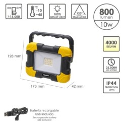 Foco Led Plano Recargable  10 Watt, 800 Lumenes Luz blanca 4000ºK Protección IP44, Portatil Proyector Led Obras