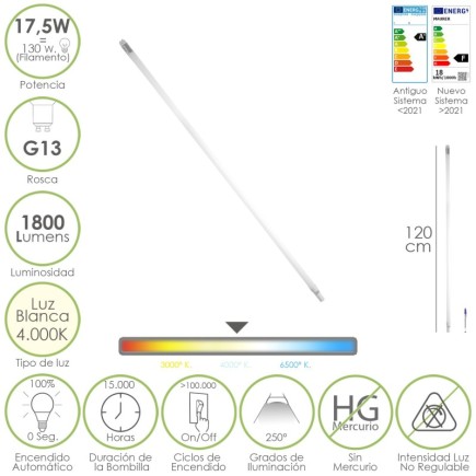 Tubo Led T8 120 cm,17,5 Watt, Equivale A 130 Watt, 1800 Lumenes, Luz Neutra 4000º K,