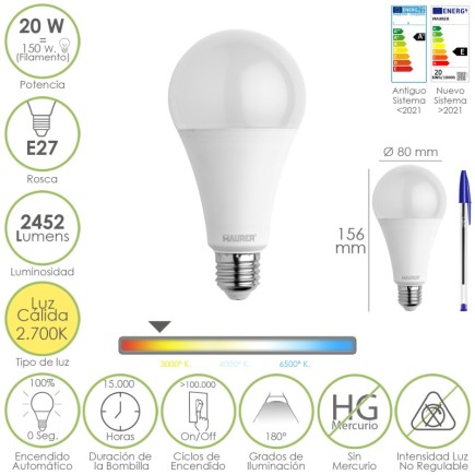 Bombilla Led Estandar Rosca E27, 20  Watt, Equivale A 150 Watt, 2452 Lumenes, Luz Calida (3000º K,)