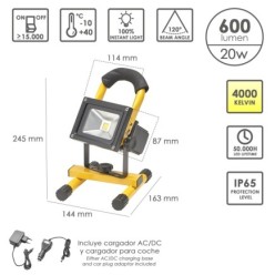 Foco Led 20 Watt, Luz Blanca 4000º K IP 65 600 Lumenes Con Asa de Transporte, Proyector Led Con Asa, Foco Led Trabajo