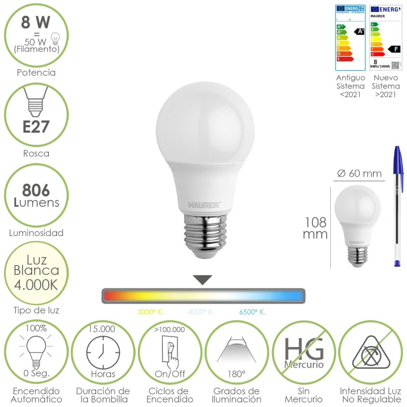 Bombilla Led Estandar Rosca E27, 8 Watt, Equivale A 65 Watt, 806 Lumenes, Luz Neutra (4000º K,)
