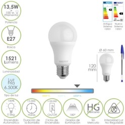 Bombilla Led Estandar Rosca E27, 13,5 Watt, Equivale A 100 Watt, 1521 Lumenes, Luz Fría (6500º K,)