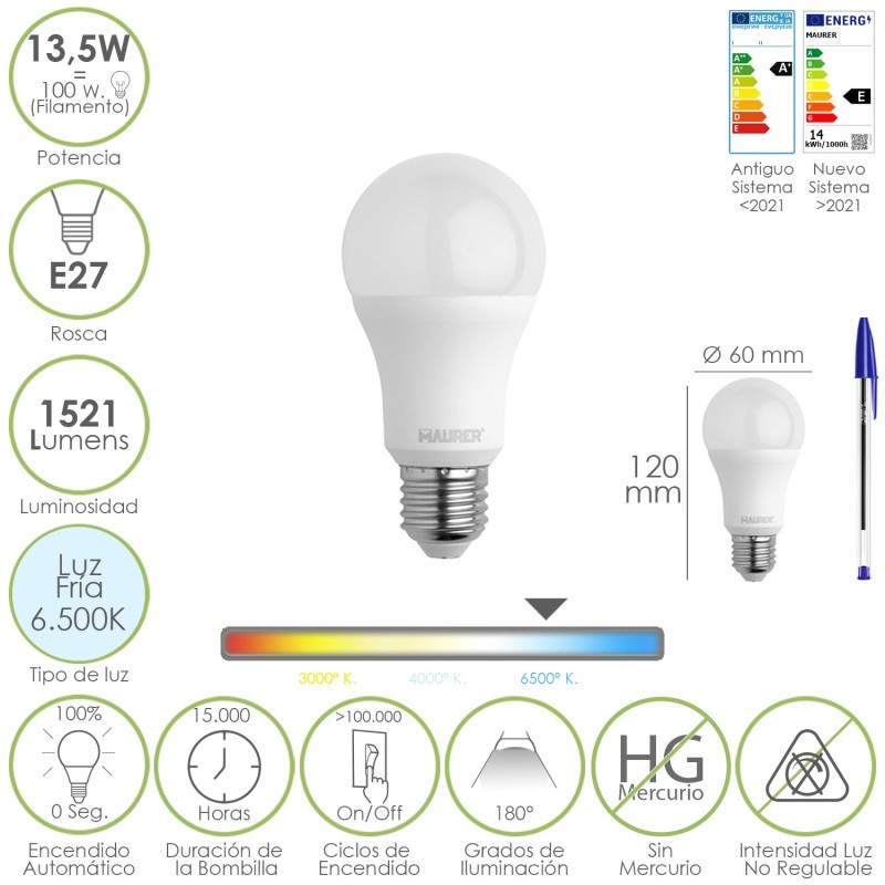 Bombilla Led Estandar Rosca E27, 13,5 Watt, Equivale A 100 Watt, 1521 Lumenes, Luz Fría (6500º K,)