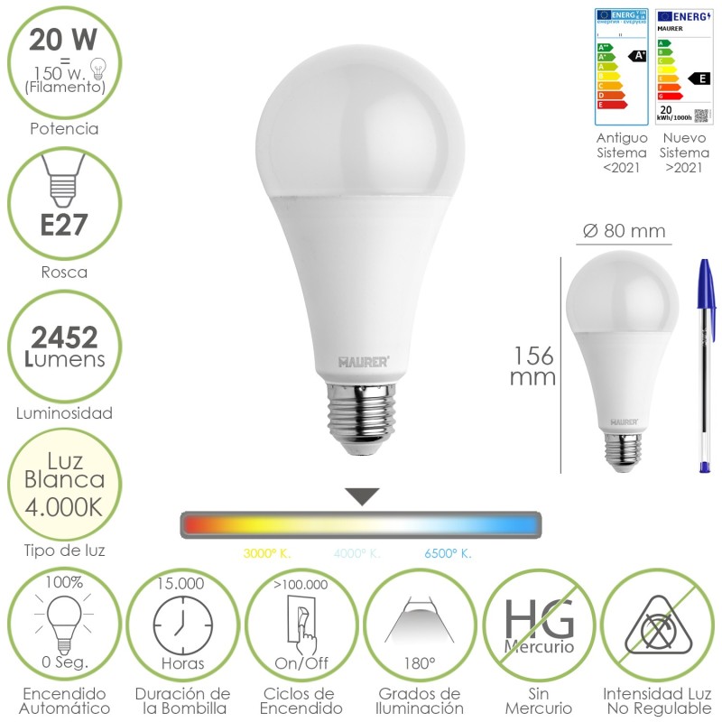 Bombilla Led Estandar Rosca E27, 20  Watt, Equivale A 150 Watt, 2452 Lumenes, Luz Neutra (4000º K,)