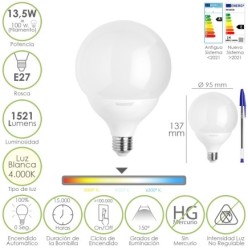 Bombilla Led Esfera Globo E27, 13,5 Watt, Equivale A 100 Watt, 1521 Lumenes, Luz Neutra 4000º K,