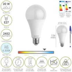 Bombilla Led Estandar Rosca E27, 20  Watt, Equivale A 150 Watt, 2452 Lumenes, Luz Fria (6500º K,)