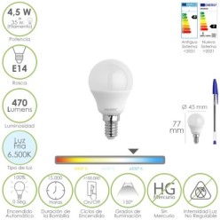 Bombilla Led Esferica Rosca E14 4,5 Watt, Equivale A 35 Watt, 470 Lumenes, Luz Fria (6500º K)