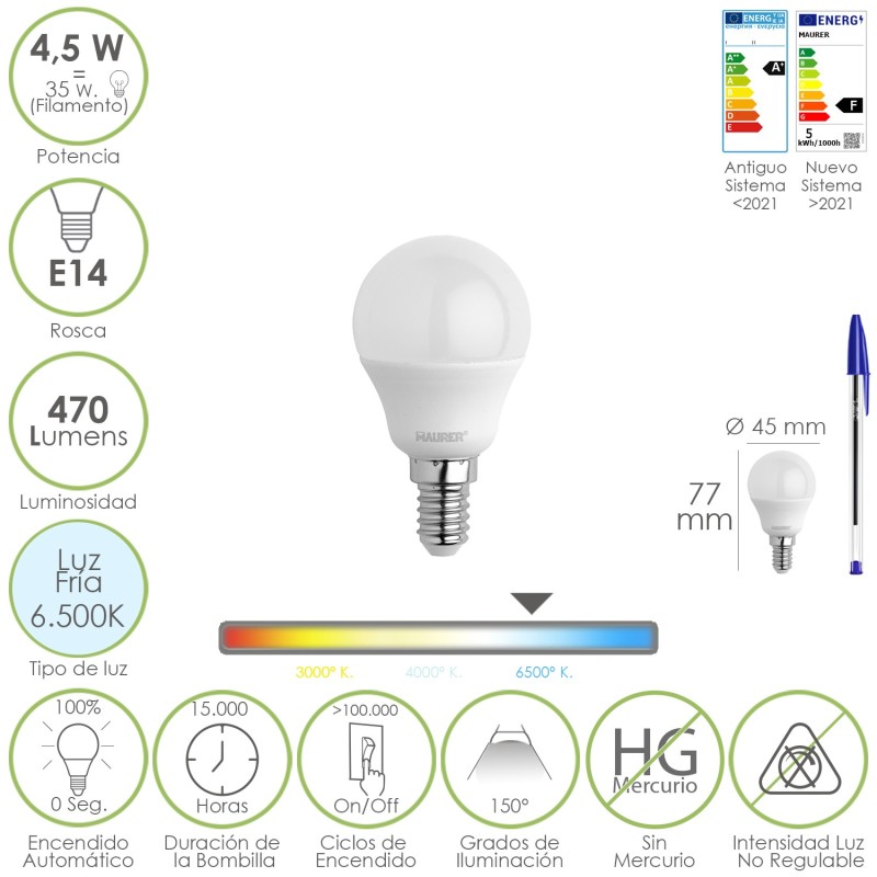 Bombilla Led Esferica Rosca E14 4,5 Watt, Equivale A 35 Watt, 470 Lumenes, Luz Fria (6500º K)
