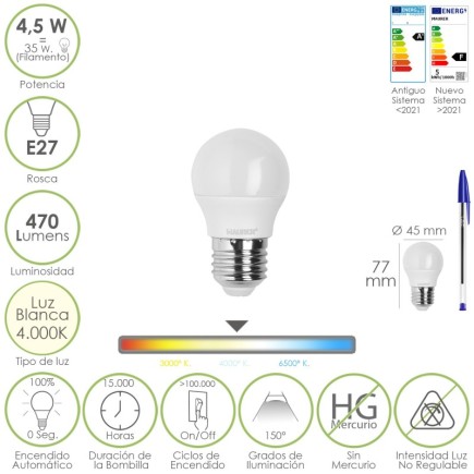 Bombilla Led Esferica Rosca E27 4,5 Watt, Equivale A 55 Watt, 470 Lumenes, Luz Neutra (4000º K)