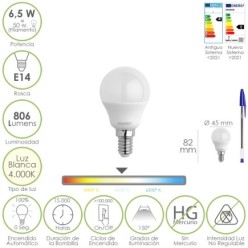 Bombilla Led Esfera Rosca E14, 6,5 Watt, Equivale A 50 Watt, 806 Lumenes, Luz Neutra 4000º K,