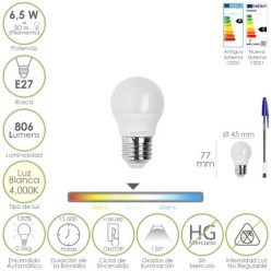 Bombilla Led Esfera Rosca E27, 6,5 Watt, Equivale A 50 Watt, 806 Lumenes, Luz Neutra 4000º K,