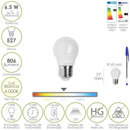 Bombilla Led Esfera Rosca E27, 6,5 Watt, Equivale A 50 Watt, 806 Lumenes, Luz Neutra 4000º K,