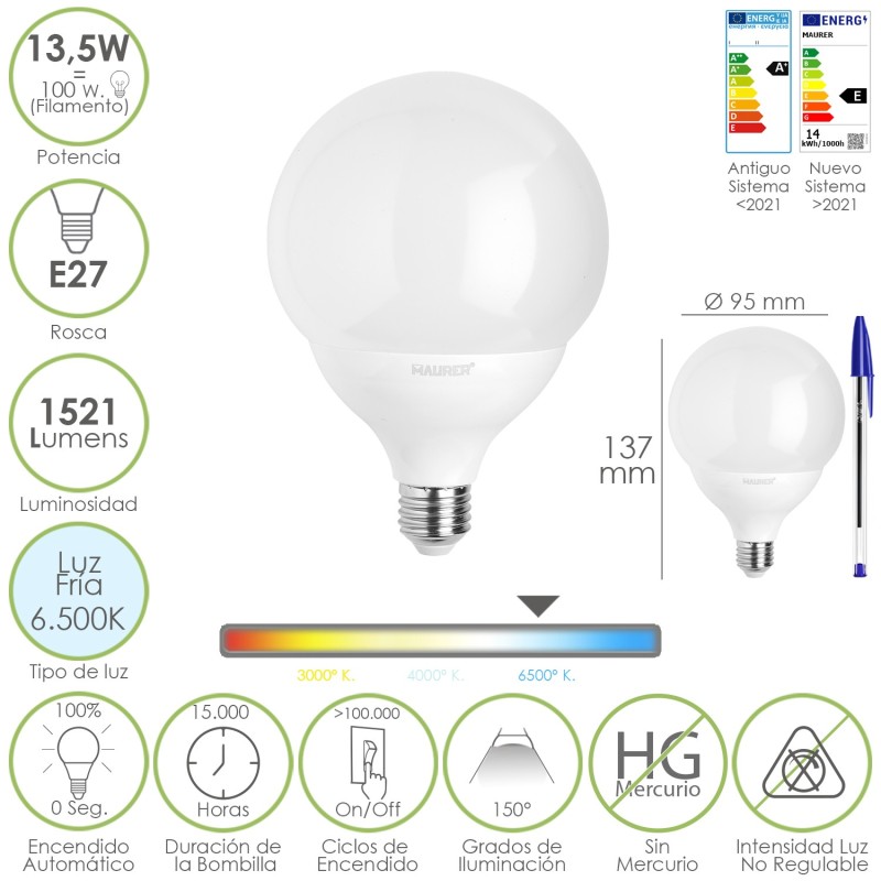 Bombilla Led Esfera Globo E27, 13,5 Watt, Equivale A 100 Watt, 1521 Lumenes, Luz Fria 6500º K,