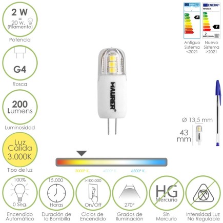 Bombilla Led Dicroica Rosca G4, 2 Watt, Equivale A 20 Watt, 200 Lumenes, Luz Calida (3000º K,)