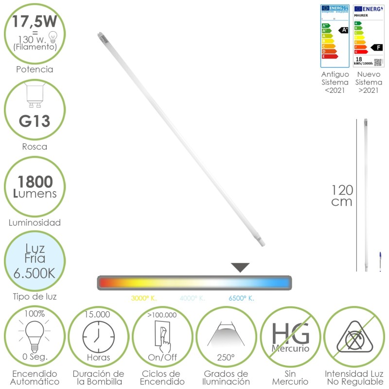 Tubo Led T8 120 cm,17,5 Watt, Equivale A 130 Watt, 1800 Lumenes, Luz Fria 6500º K,