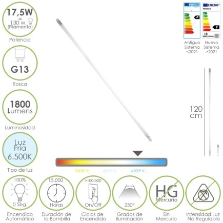Tubo Led T8 120 cm,17,5 Watt, Equivale A 130 Watt, 1800 Lumenes, Luz Fria 6500º K,