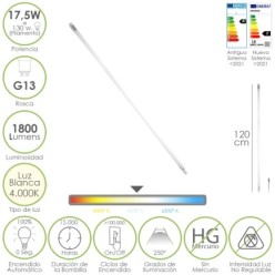 Tubo Led T8 120 cm,17,5 Watt, Equivale A 130 Watt, 1800 Lumenes, Luz Neutra 4000º K,