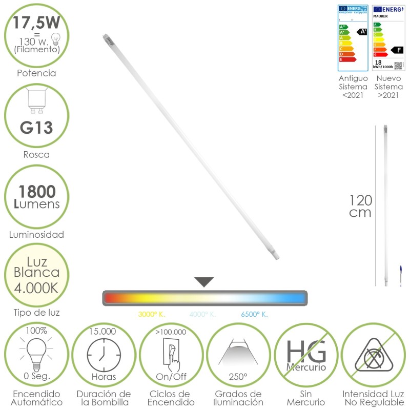 Tubo Led T8 120 cm,17,5 Watt, Equivale A 130 Watt, 1800 Lumenes, Luz Neutra 4000º K,