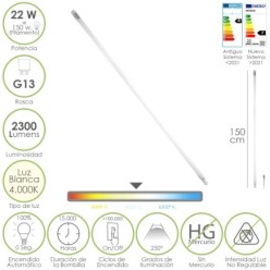 Tubo Led T8 150 cm, 22 Watt, Equivale A 150 Watt, 2300 Lumenes, Luz Neutra 4000º K,