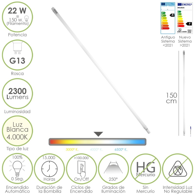 Tubo Led T8 150 cm, 22 Watt, Equivale A 150 Watt, 2300 Lumenes, Luz Neutra 4000º K,