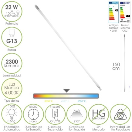 Tubo Led T8 150 cm, 22 Watt, Equivale A 150 Watt, 2300 Lumenes, Luz Neutra 4000º K,