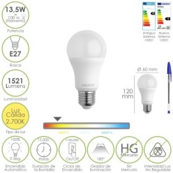 Bombilla Led Estandar Rosca E27, 13,5 Watt, Equivale A 100 Watt, 1521 Lumenes, Luz Calida (3000º K,)
