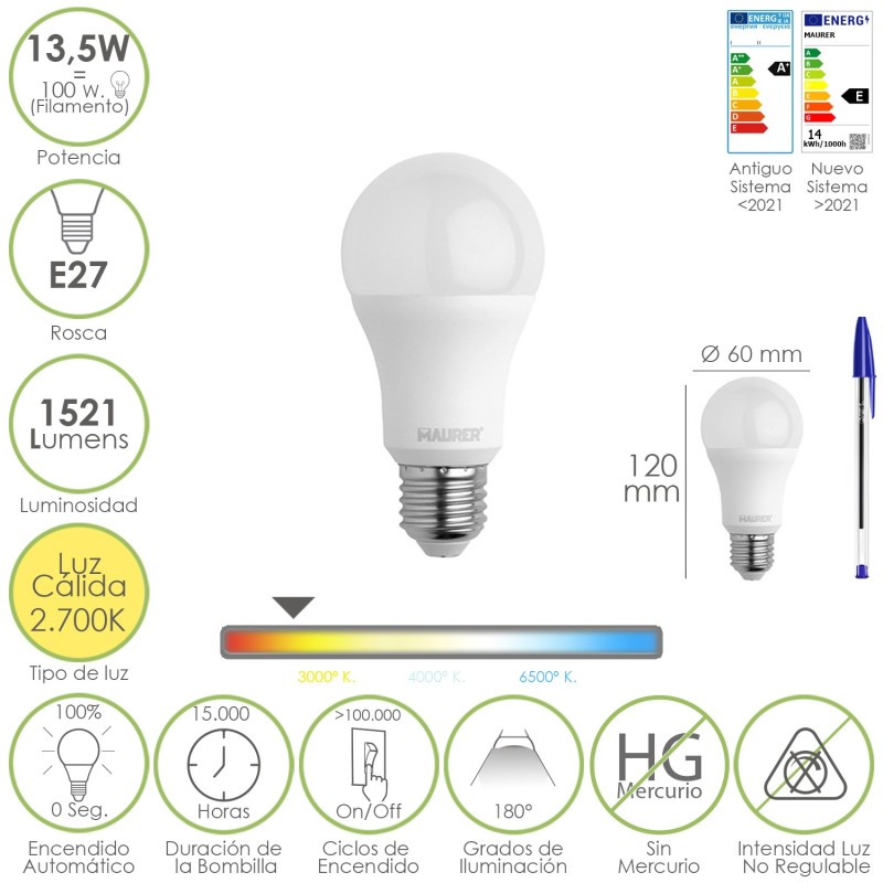 Bombilla Led Estandar Rosca E27, 13,5 Watt, Equivale A 100 Watt, 1521 Lumenes, Luz Calida (3000º K,)