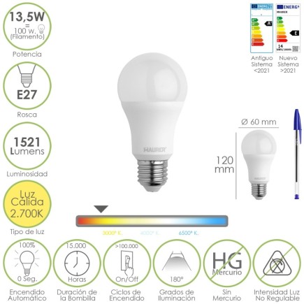 Bombilla Led Estandar Rosca E27, 13,5 Watt, Equivale A 100 Watt, 1521 Lumenes, Luz Calida (3000º K,)