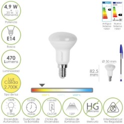 Bombilla Led Reflectante Rosca E14, 4,9 Watt, Equivale A 35 Watt, 470 Lumenes, Luz Cálida (3000º K,)