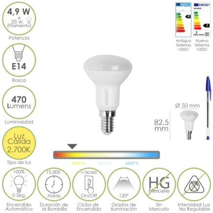 Bombilla Led Reflectante Rosca E14, 4,9 Watt, Equivale A 35 Watt, 470 Lumenes, Luz Cálida (3000º K,)