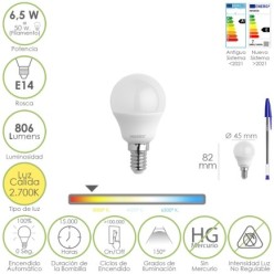 Bombilla Led Esfera Rosca E14, 6,5 Watt, Equivale A 50 Watt, 806 Lumenes, Luz Calida 2700º K,