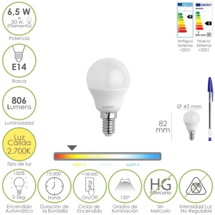 Bombilla Led Esfera Rosca E14, 6,5 Watt, Equivale A 50 Watt, 806 Lumenes, Luz Calida 2700º K,