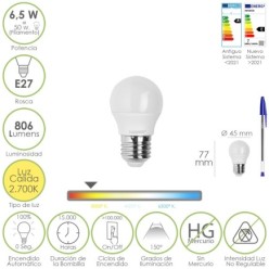 Bombilla Led Esfera Rosca E27, 6,5 Watt, Equivale A 50 Watt, 806 Lumenes, Luz Calida 3000º K,