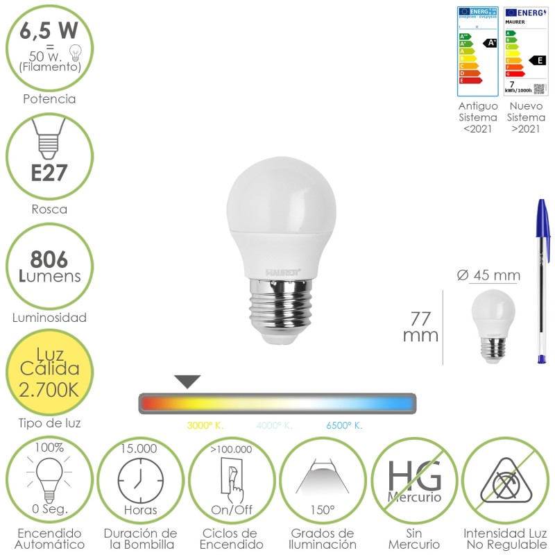 Bombilla Led Esfera Rosca E27, 6,5 Watt, Equivale A 50 Watt, 806 Lumenes, Luz Calida 3000º K,