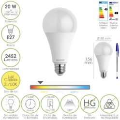 Bombilla Led Estandar Rosca E27, 20  Watt, Equivale A 150 Watt, 2452 Lumenes, Luz Calida (3000º K,)