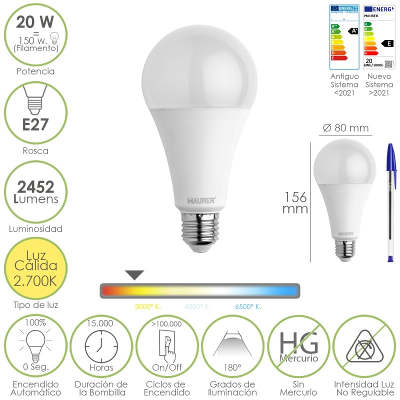 Bombilla Led Estandar Rosca E27, 20  Watt, Equivale A 150 Watt, 2452 Lumenes, Luz Calida (3000º K,)