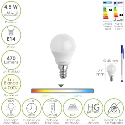 Bombilla Led Esferica Rosca E14 4,5 Watt, Equivale A 35 Watt, 470 Lumenes, Luz Neutra (4000º K)