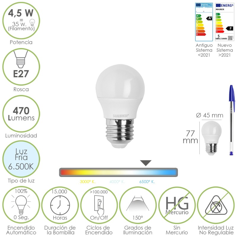 Bombilla Led Esferica Rosca E27 4,5 Watt, Equivale A 55 Watt, 470 Lumenes, Luz Fria (6500º K)
