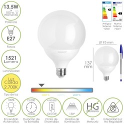 Bombilla Led Esfera Globo E27, 13,5 Watt, Equivale A 100 Watt, 1521 Lumenes, Luz Calida 3000º K,