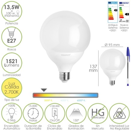 Bombilla Led Esfera Globo E27, 13,5 Watt, Equivale A 100 Watt, 1521 Lumenes, Luz Calida 3000º K,
