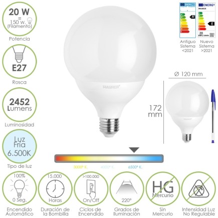 Bombilla Led Globo E27, 20 Watt, Equivale A 150 Watt, 2452 Lumenes, Luz Fria 6500º K,