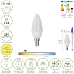 Bombilla Led Vela E14, 2,5 Watt, Equivale A 20 Watt, 250 Lumenes, Luz Calida 2700º K,