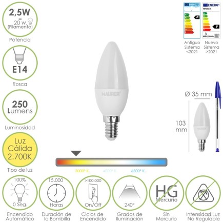 Bombilla Led Vela E14, 2,5 Watt, Equivale A 20 Watt, 250 Lumenes, Luz Calida 2700º K,