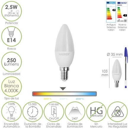 Bombilla Led Vela E14, 2,5 Watt, Equivale A 20 Watt, 250 Lumenes, Luz Neutra 4,000º K,