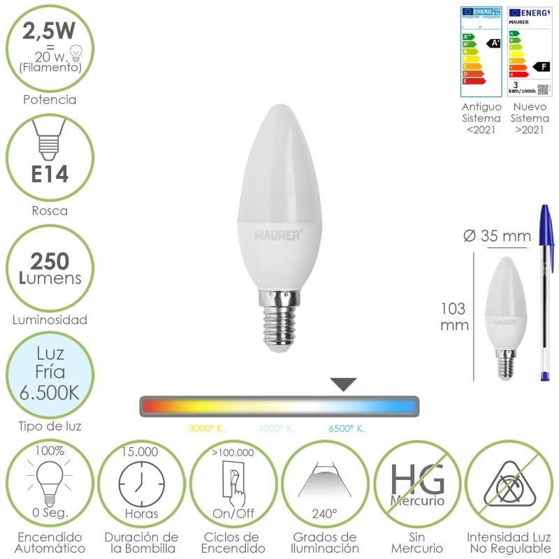 Bombilla Led Vela E14, 2,5 Watt, Equivale A 20 Watt, 250 Lumenes, Luz Fria 6500º K,